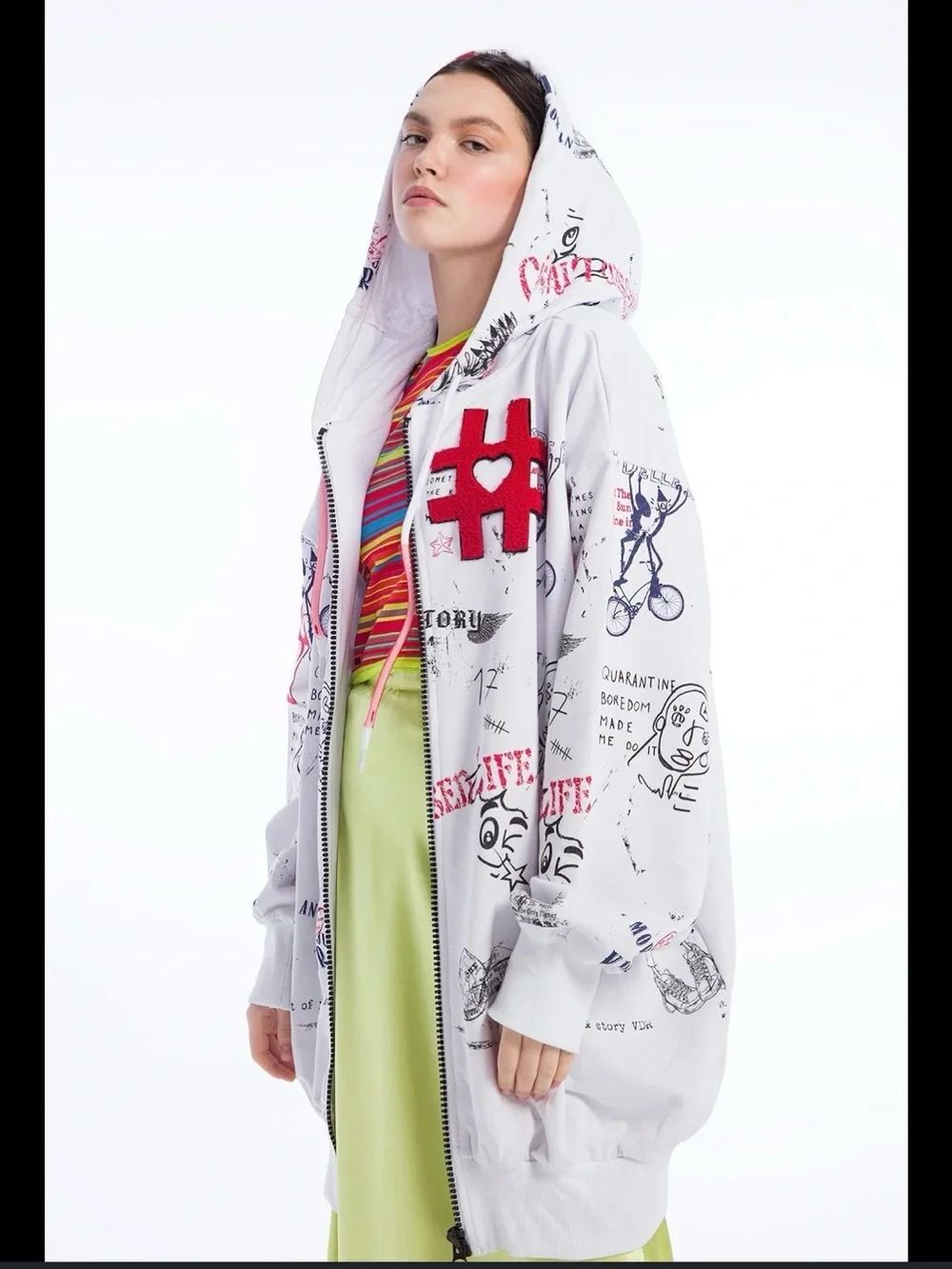 Via Delle Rose graffiti-style artwork VDR beyaz hooded jacket